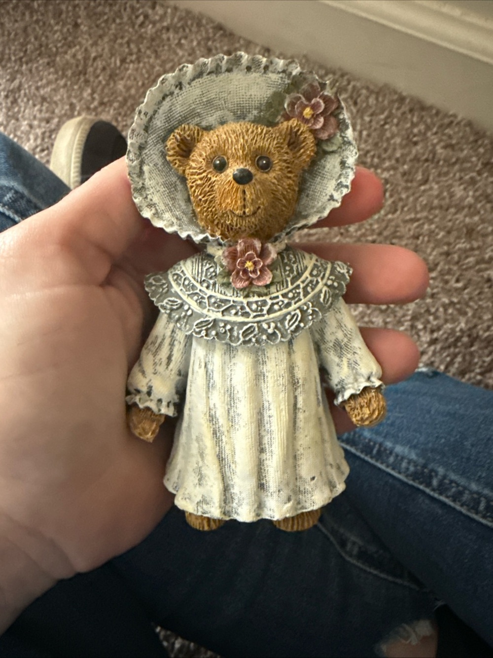 Vintage-Style Cream Teddy Bear Figurine with Floral Bonnet